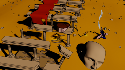 An isometric view of a crashed spaceship amidst ruins in the desert