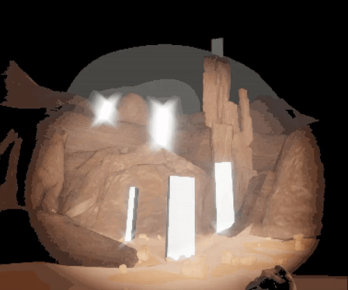 A first person persective of a person finding creepy obelisks in the desert