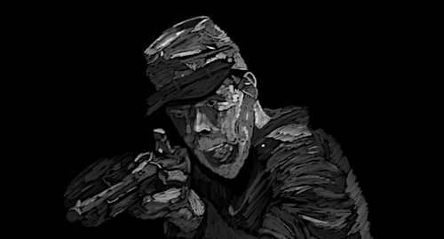 A black and white drawing of a civil war soldier