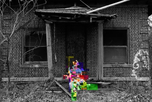 A manipulated photo of my friend siting in front of an abandoned house, though their body is pixellated
