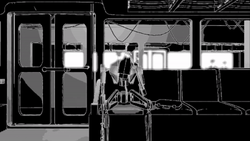 A robot falling asleep on a subway