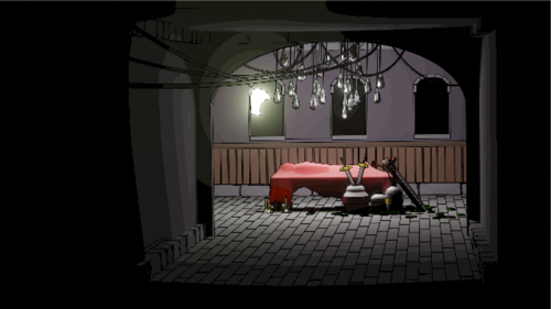 A funeral scene with cyberpunk and mideval props